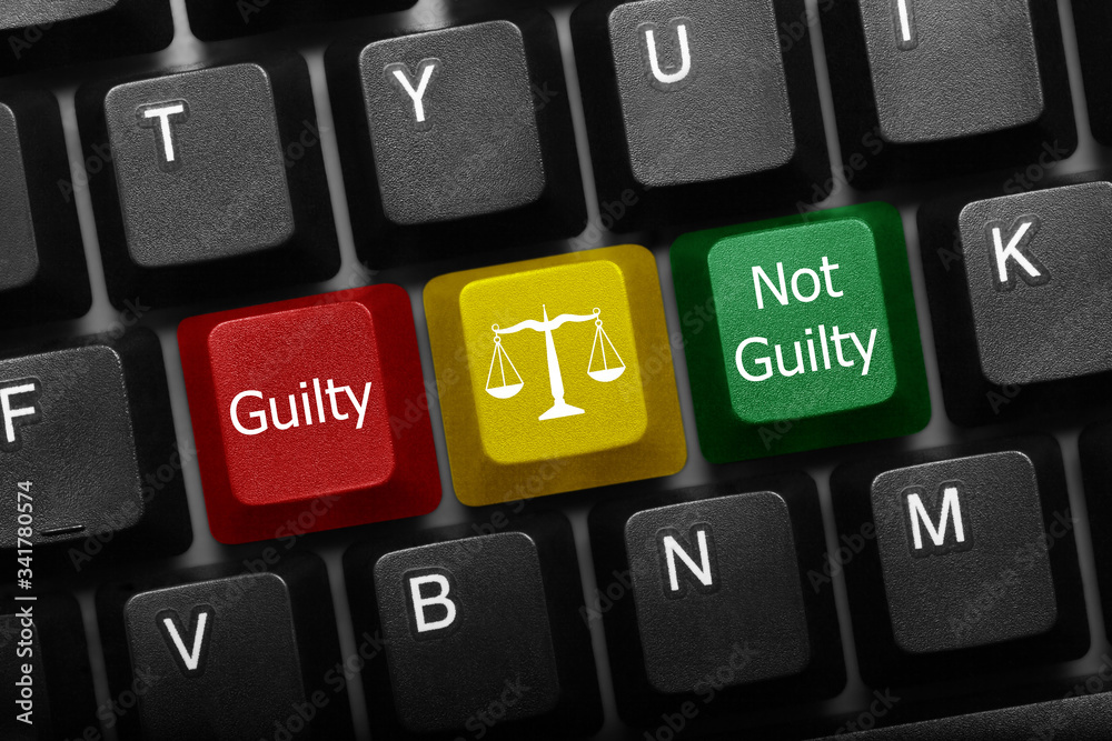 Three keys conceptual keyboard - Guilty and Not Guilty keys with scales symbol Three keys conceptual keyboard - Guilty and Not Guilty keys with scales symbol