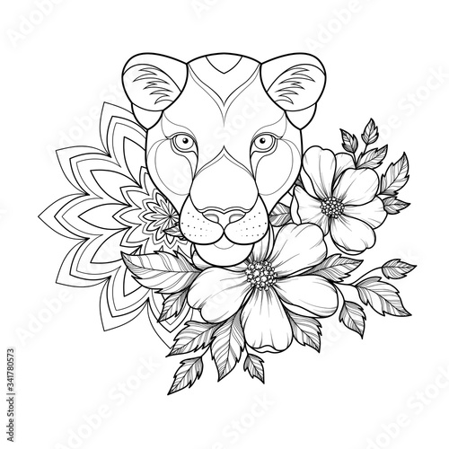 Linear hand drawing head of panther  with flowers and mandala ornament  for greeting card, invitation, Henna drawing and tattoo template. Vector illustration