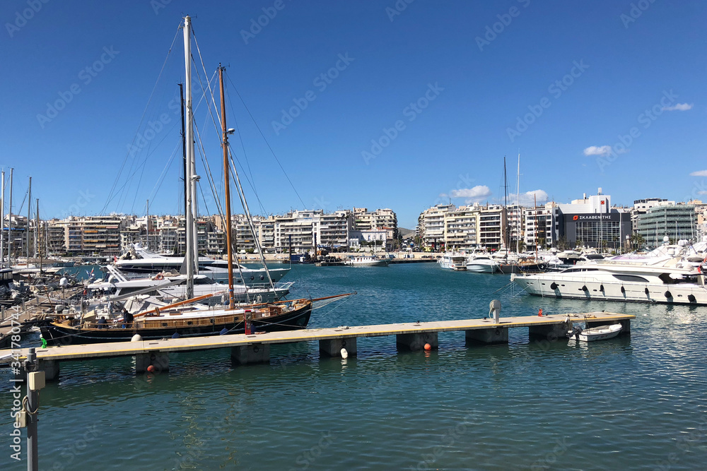 Pireus, Greece - March 15, 2018: View of the Zea bay marina