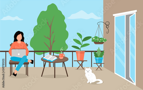 A young woman sits on a balcony among plants. Woman works on laptop on the balcony. Girl works or studies online. A cozy balcony with a cat, flowers and garden furniture. Cute vector illustration.