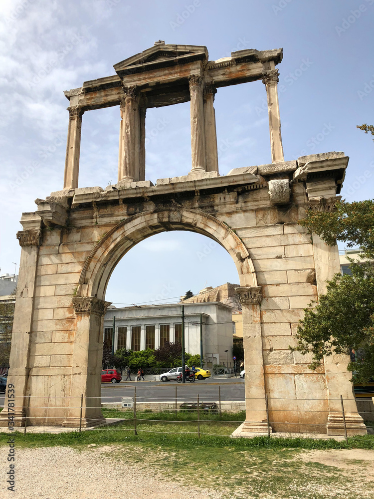 Athens, Greece - March 16, 2018: Arch of Hadrian or Hadrian's Gate, Athens, Greece. It is one of the main landmarks in Athens.