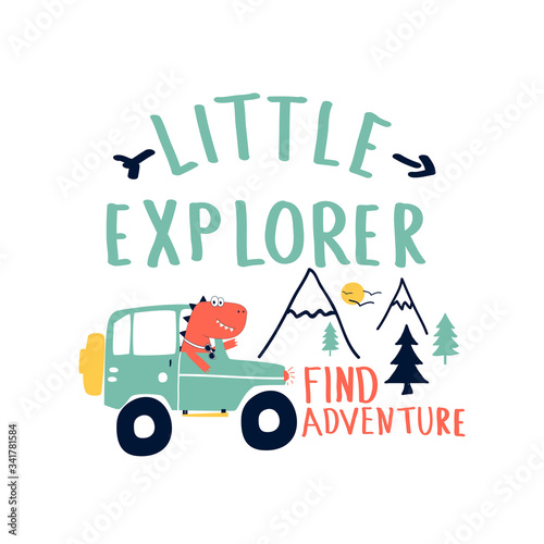 Adventurer dinosaur vector illustration for t-shirt design with slogan. Vector illustration design for fashion fabrics, textile graphics, prints.