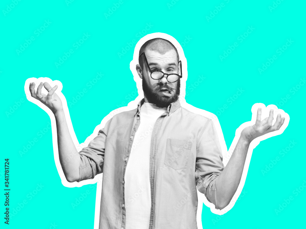 Naklejka premium Asking, gremaces. Collage in magazine style with emotional man in black and white contour on bright background with copyspace. Modern design, creative artwork, style and human emotions concept.