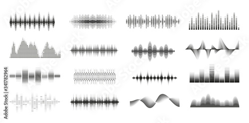 Music sound waves big monochrome set. Console panel. Music audio collection. Electronic radio signal. Equalizer. Vector illustration.