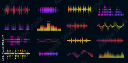 Music sound waves big colorful set. Music audio collection. Console panel. Electronic radio signal. Equalizer. Vector illustration.