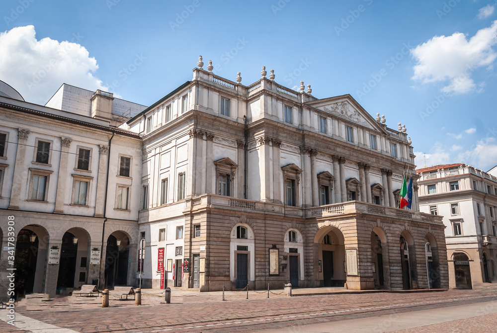 Milan, Italy, April 2020, Teatro alla Scala, in downtown of the city closed , empty of people during covid19 Coronavirus epidemic