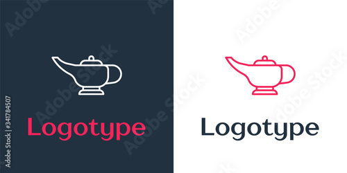 Logotype line Magic lamp or Aladdin lamp icon isolated on white background. Spiritual lamp for wish. Logo design template element. Vector Illustration