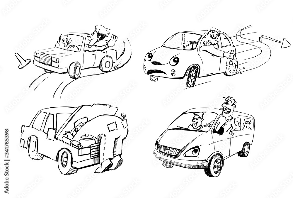 Funny sketches of people and cars