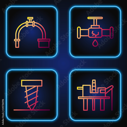 Set line Oil platform in the sea, Rotating drill digging a hole, Industry pipe and valve and Broken pipe with leaking water. Gradient color icons. Vector