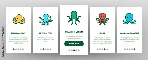 Octopus Ocean Mollusk Onboarding Icons Set Vector. Octopus Marine Sea Clam With Tentacles, Swimming Aquatic Invertebrate Illustrations