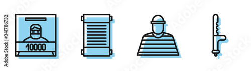 Set line Prisoner, Wanted poster, Decree, paper, parchment, scroll and Police rubber baton icon. Vector