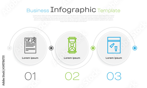 Set line Lawsuit paper, Old hourglass with sand and Evidence bag and bullet. Business infographic template. Vector