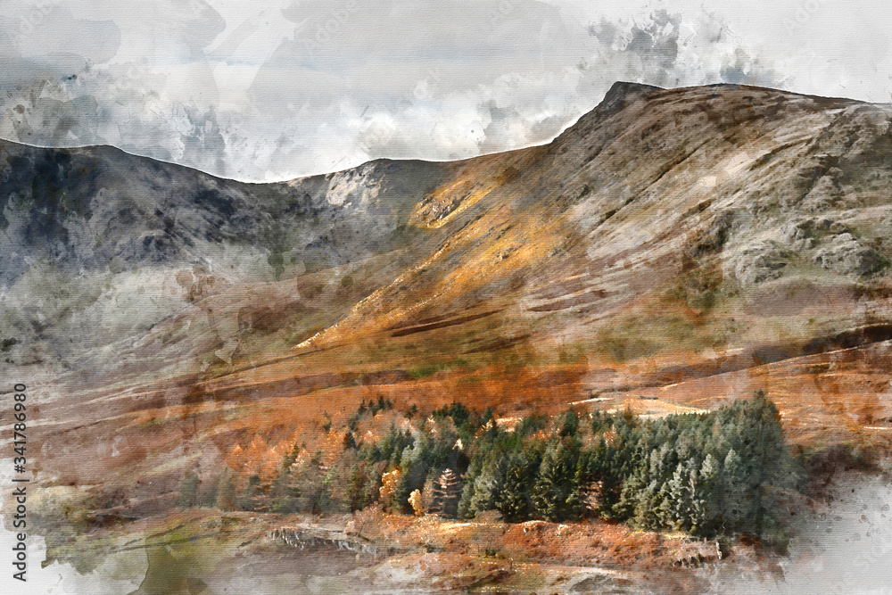 Digital watercolor painting of Beautiful landscape image of Autumn Fall with vibrant pine and larch trees against majestic setting of Hawes Water and High Stile peak in Lake District