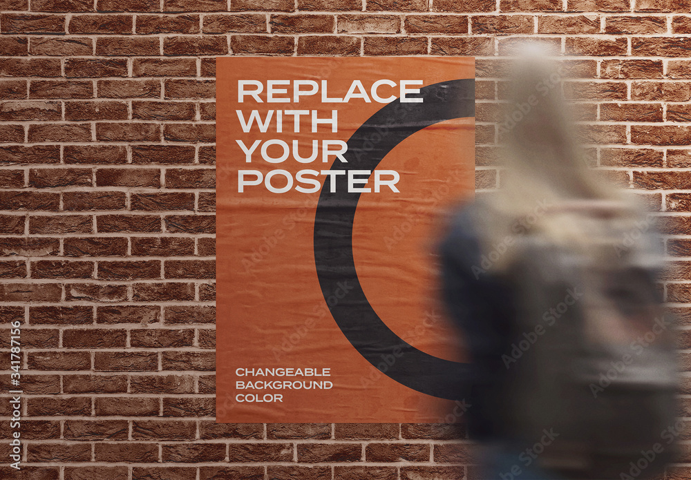 Glued Poster Mockup on Brick Wall with Woman in Foreground Stock
