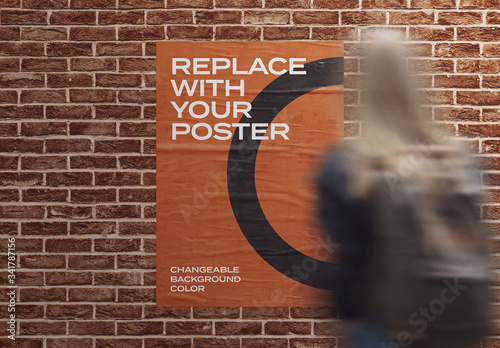 Glued Poster Mockup on Brick Wall with Woman in Foreground