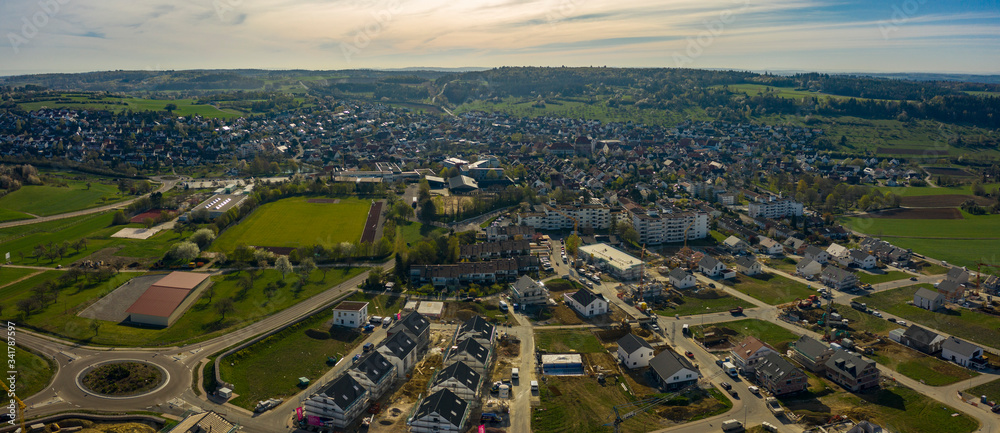 Aerial view of the city Heimsheim in Germany on an early spring morning.