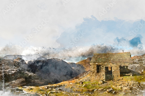 Digital watercolor painting of Autumn Fall landscape image of old bothy in Lake Districtr mountains near Buttermere with Haystacks and High Stiel in the distance photo