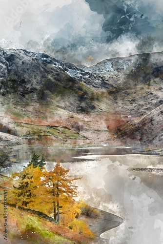 Digital watercolor painting of Stunning Autumn Fall landscape of Hawes Water with epic lighting and dramatic sunlight in Lake District