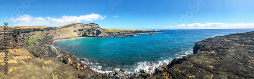 Panoramic view of green sand beach in Big Island Hawaii