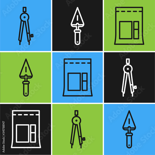Set line Drawing compass, Cement bag and Trowel icon. Vector