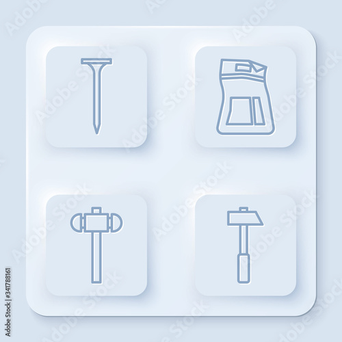Set line Metallic nail, Cement bag, Sledgehammer and Hammer. White square button. Vector