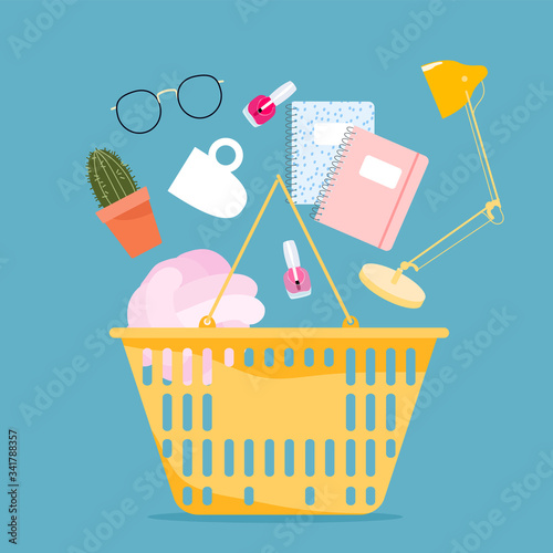 Shopping basket full of home decor purchases. Shopping cart and online shopping concept. Modern hand-drawn vector illustration. Stationery and home decor items in a basket.