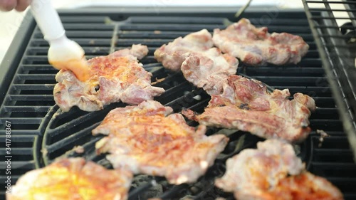 Outdoor barbecue party. Closeup of meat roasting on grill.