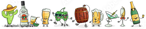 Set alcohol drinks glass and bottle. Vector flat cartoon color icon