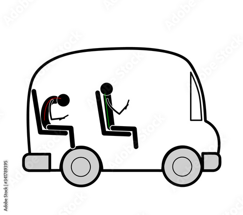 correct posture for working with a smartphone. correct posture on the bus. vector illustration.