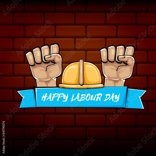 Happy labour day vector label with strong orange fist isolated on brick wall background. vector happy labor day background with man hand. red workers may day poster