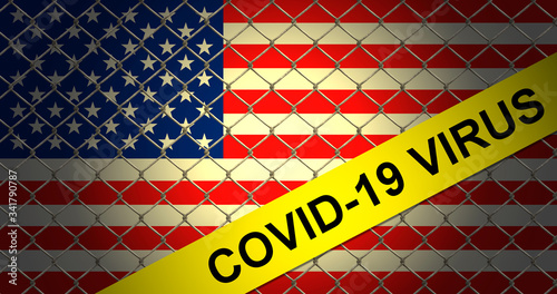United States flag with chain link and covid-19 warning tape