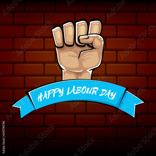 Happy labour day vector label with strong orange fist isolated on brick wall background. vector happy labor day background with man hand. red workers may day poster