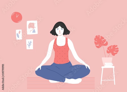 Young girl doing meditation sitting in crossed legs pose on floor in cozy pink room. Mindfulness practice at home for stress relief. Woman in lotus asana, yoga practicing vector illustration.
