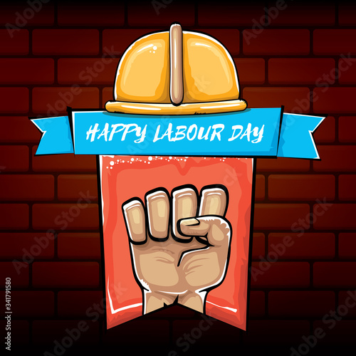 Happy labour day vector label with strong orange fist isolated on brick wall background. vector happy labor day background with man hand. red workers may day poster