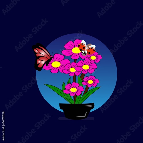 illustration vector graphic of the flower that is being occupied by butterfly and beetles