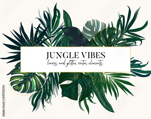Exotic tropical leaves set on vertical wedding invitation card. Foliage jungle palm. monstera, ficus realistic vector. Can be used for cosmetics, spa, beauty salon