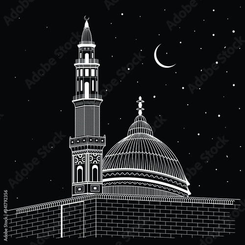 Sketch hand drawn night view Mosque Islamic Vector