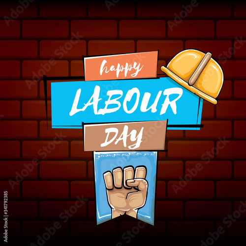 Happy labour day vector label with strong orange fist isolated on brick wall background. vector happy labor day background with man hand. red workers may day poster