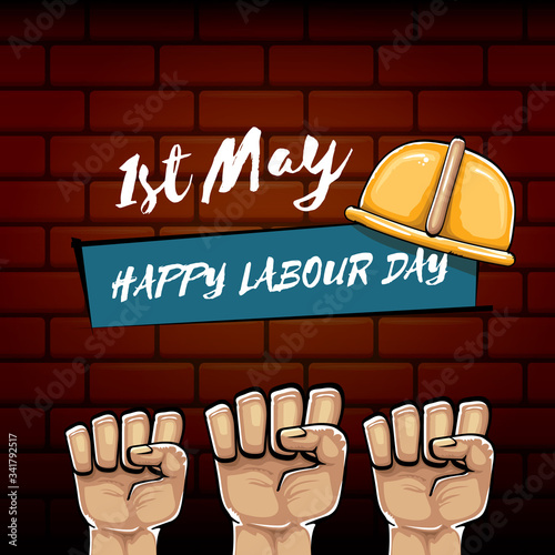 Happy labour day vector label with strong orange fist isolated on brick wall background. vector happy labor day background with man hand. red workers may day poster
