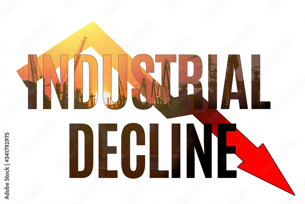 Industrial decline. Double exposure of industrial structures, cargo cranes and a reduction schedule. Economic crisis