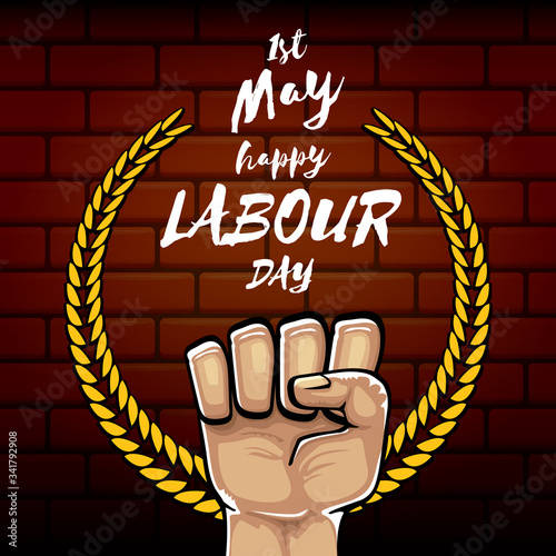 Happy labour day vector label with strong orange fist isolated on brick wall background. vector happy labor day background with man hand. red workers may day poster