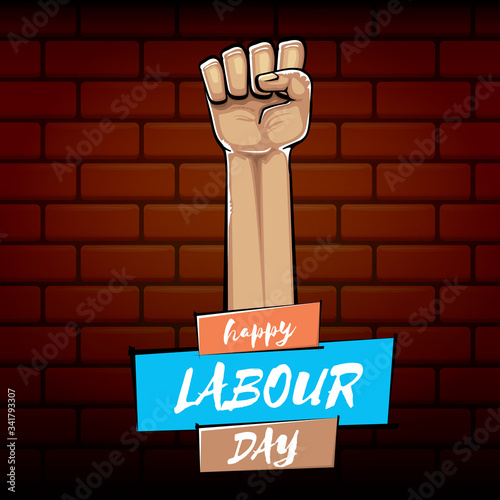Happy labour day vector label with strong orange fist isolated on brick wall background. vector happy labor day background with man hand. red workers may day poster