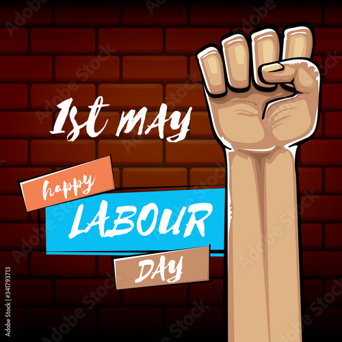 Happy labour day vector label with strong orange fist isolated on brick wall background. vector happy labor day background with man hand. red workers may day poster