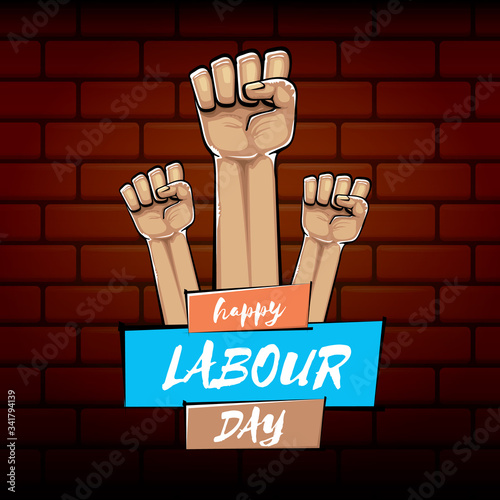 Happy labour day vector label with strong orange fist isolated on brick wall background. vector happy labor day background with man hand. red workers may day poster