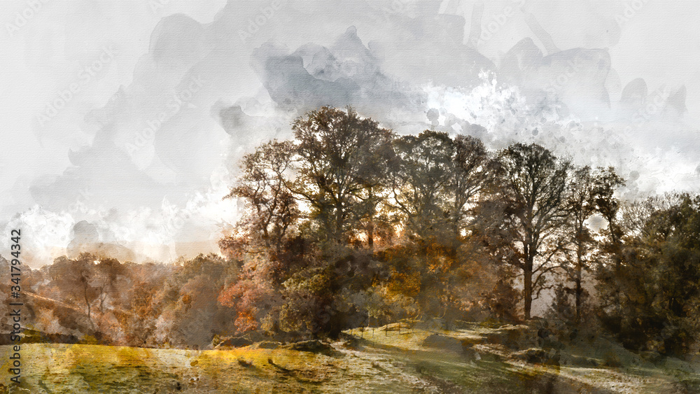 Digital watercolor painting of Beautiful vibrant Autumn Fall landscape of woodland in early morning light over English countryside Digital watercolor painting of Beautiful vibrant Autumn Fall landscape of woodland in early morning light over English countryside