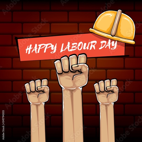 Happy labour day vector label with strong orange fist isolated on brick wall background. vector happy labor day background with man hand. red workers may day poster