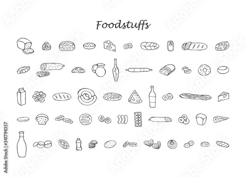 Groceries set. Monochrome isolated vector illustration is hand-drawn. Vector 10 EPS.