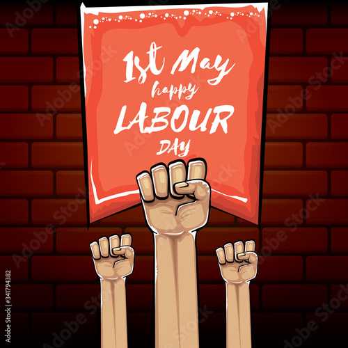 Happy labour day vector label with strong orange fist isolated on brick wall background. vector happy labor day background with man hand. red workers may day poster