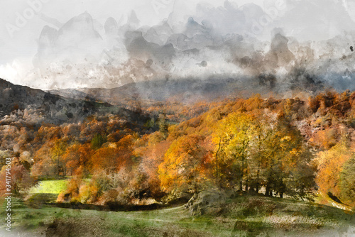 Digital watercolor painting of Beautiful vibrant Autumn Fall landscape of woodland in early morning light over English countryside
