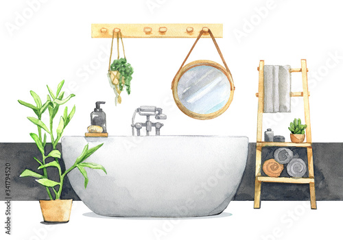 bathroom interior design lifestyle bathtub mirror shelf towel shampoo plant spa hotel watercolor illustration